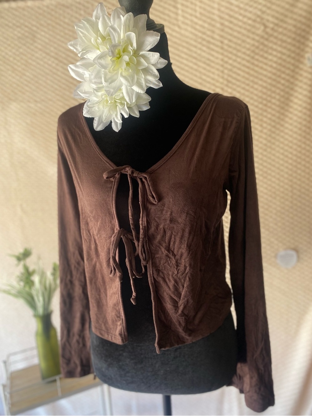 See You Monday Chocolate Tie-Front Long Sleeve Top